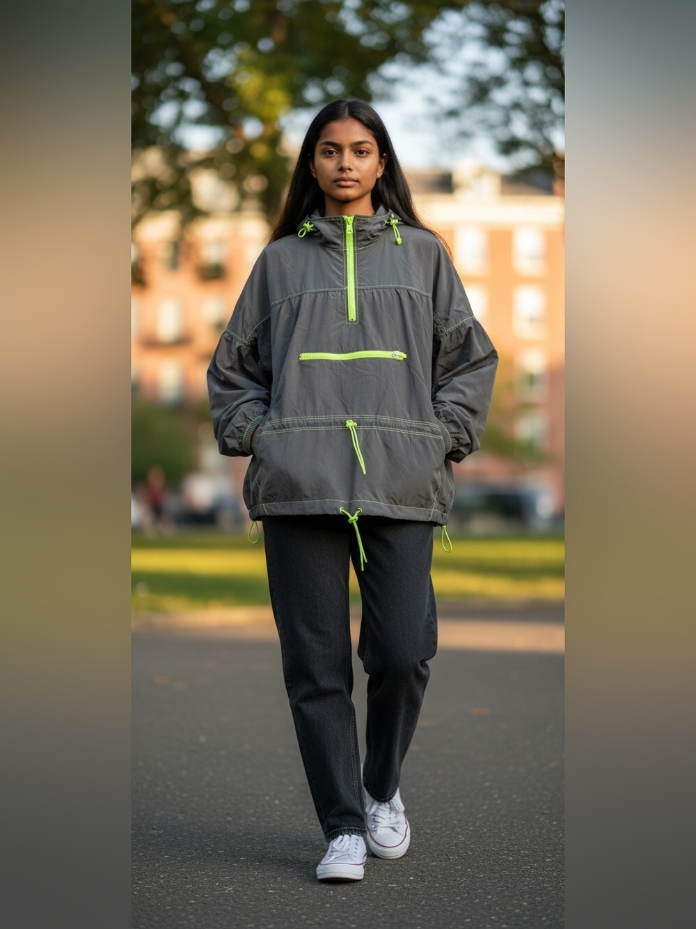 Year of Ours Black Pullover Jacket with Neon Green Zipper